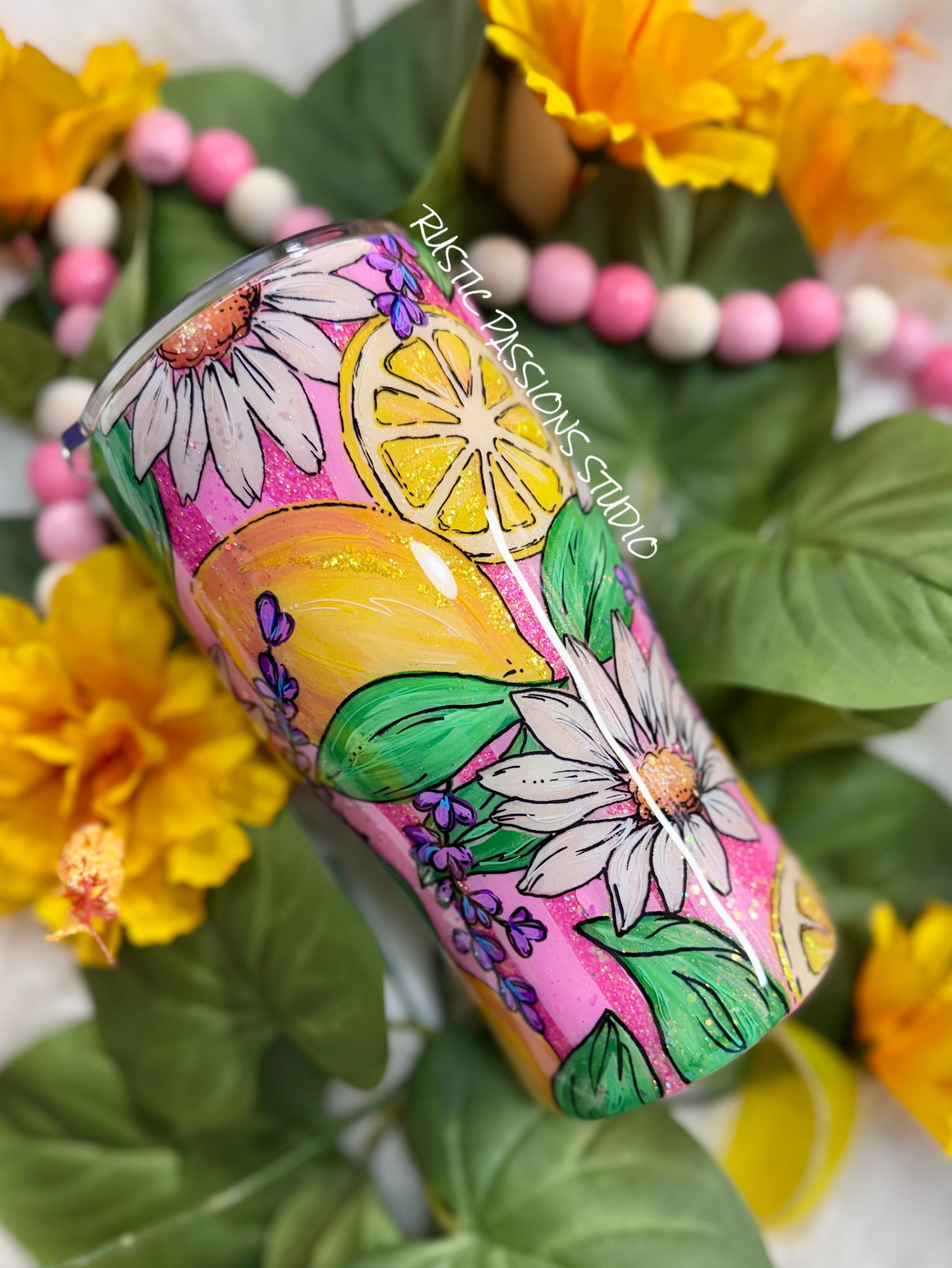20 oz curve Lemon Daisy Hand Painted Tumbler #2