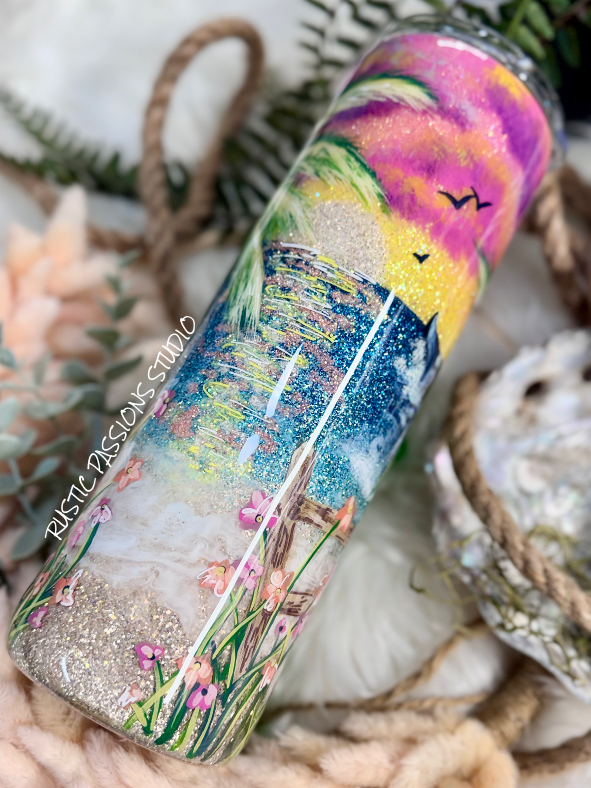 30 oz skinny  Hand Painted Beach, Sunset Tumbler