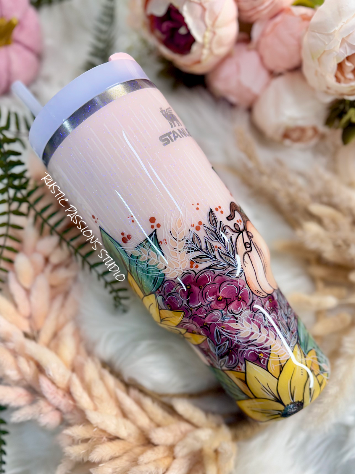 Hand painted 40 oz Fall Sunflower and Hydrangea Stanley tumbler