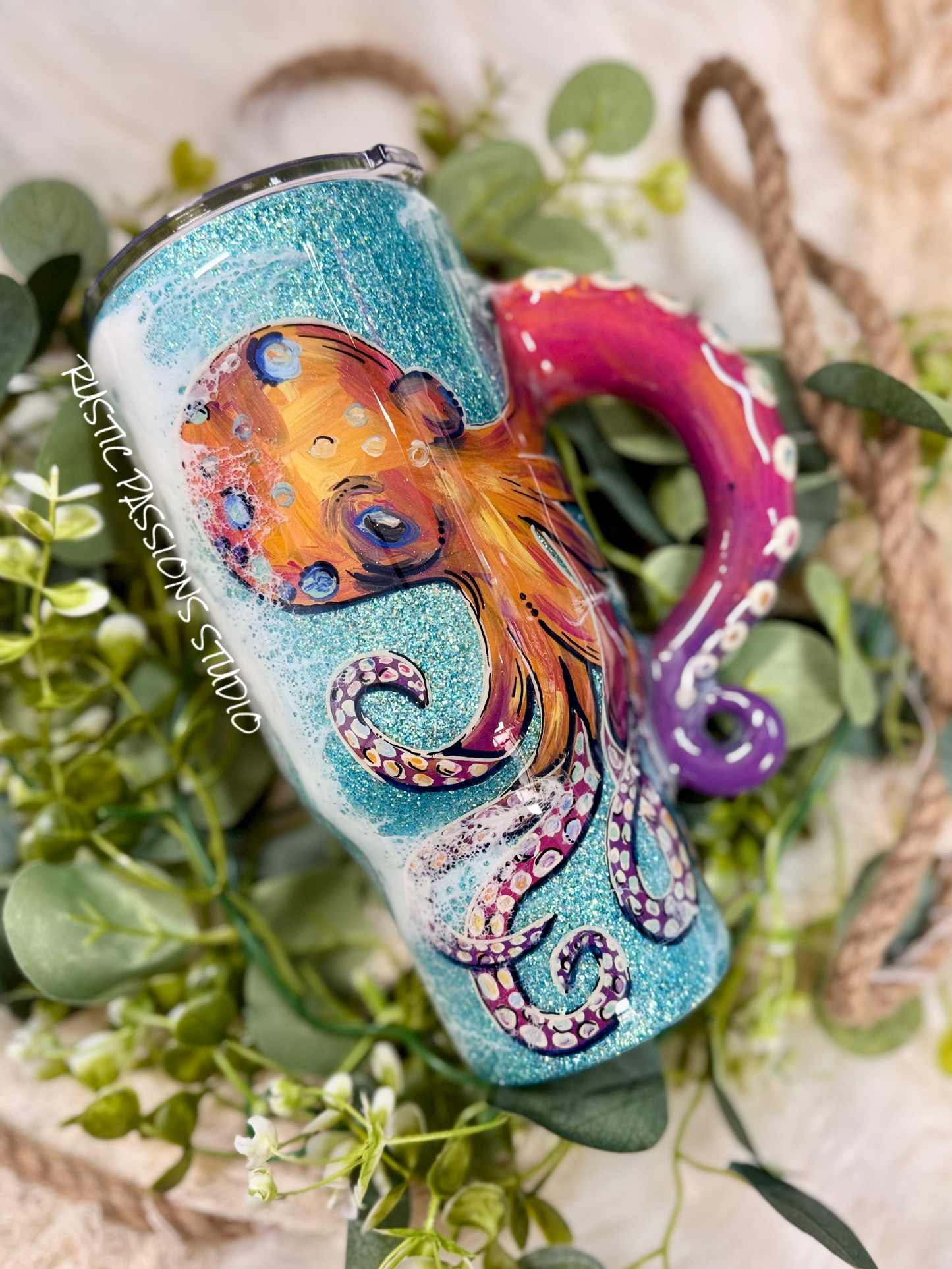 32 True Hand-painted Octopus beach tumbler with handle