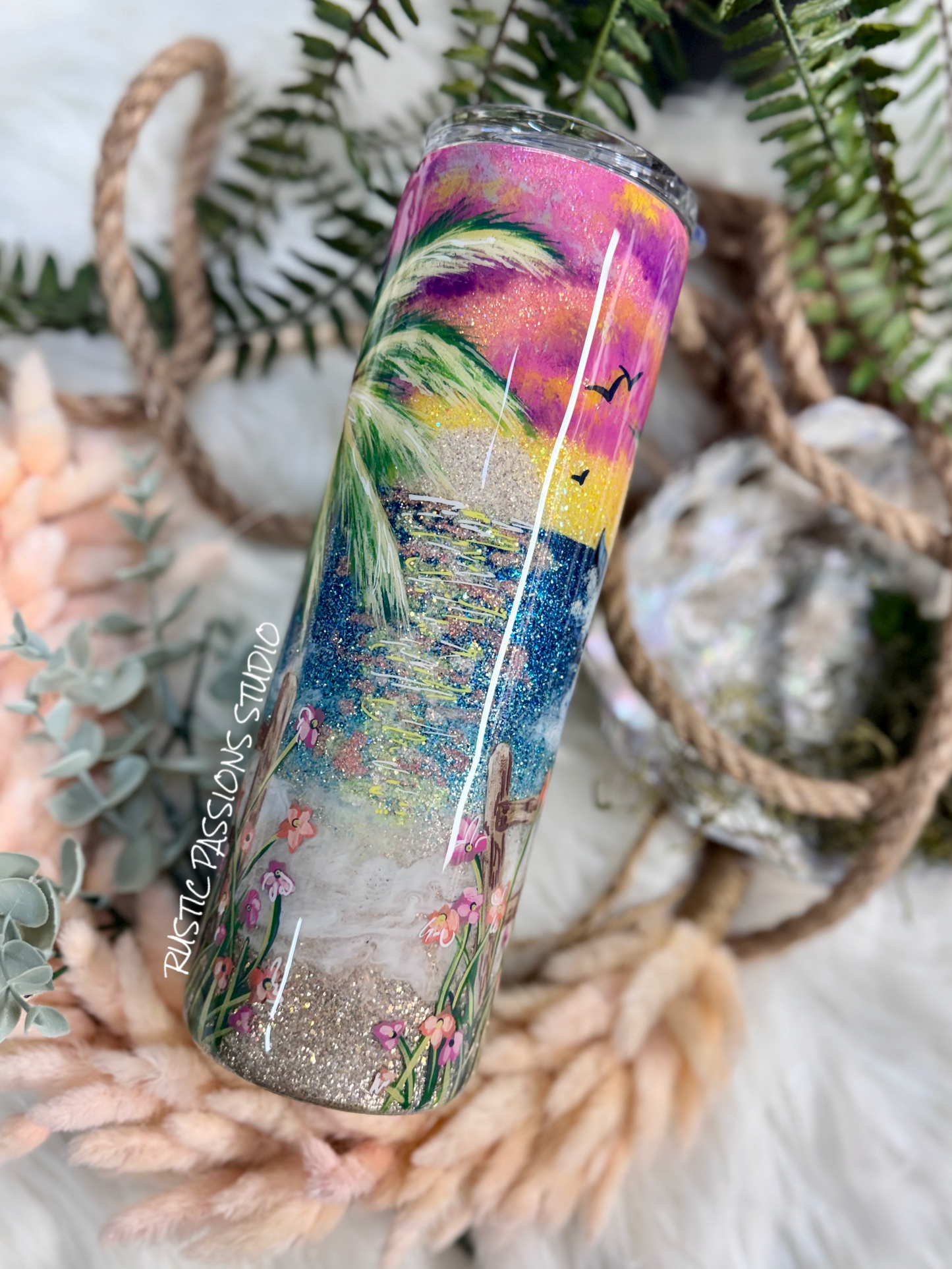 30 oz skinny  Hand Painted Beach, Sunset Tumbler