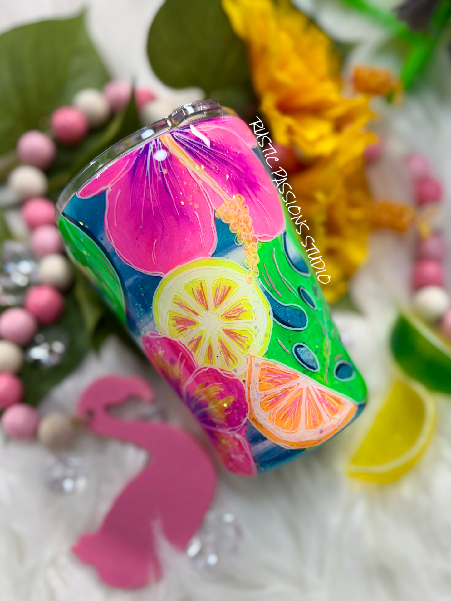 Hand painted Tropical Summer, Flamingo, Beach 12 oz coffee mug