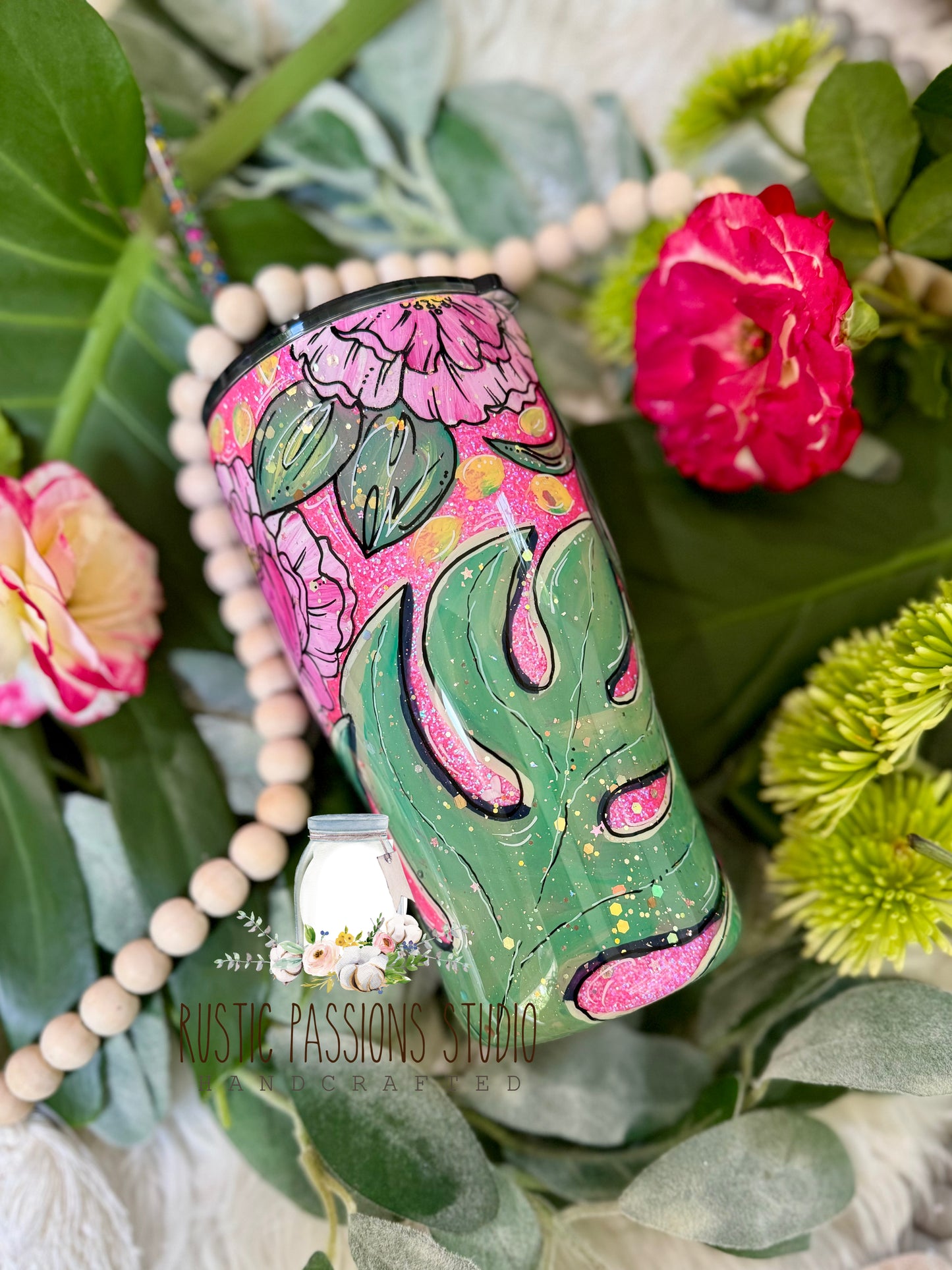Hand Painted 20 oz curve monstera and peony