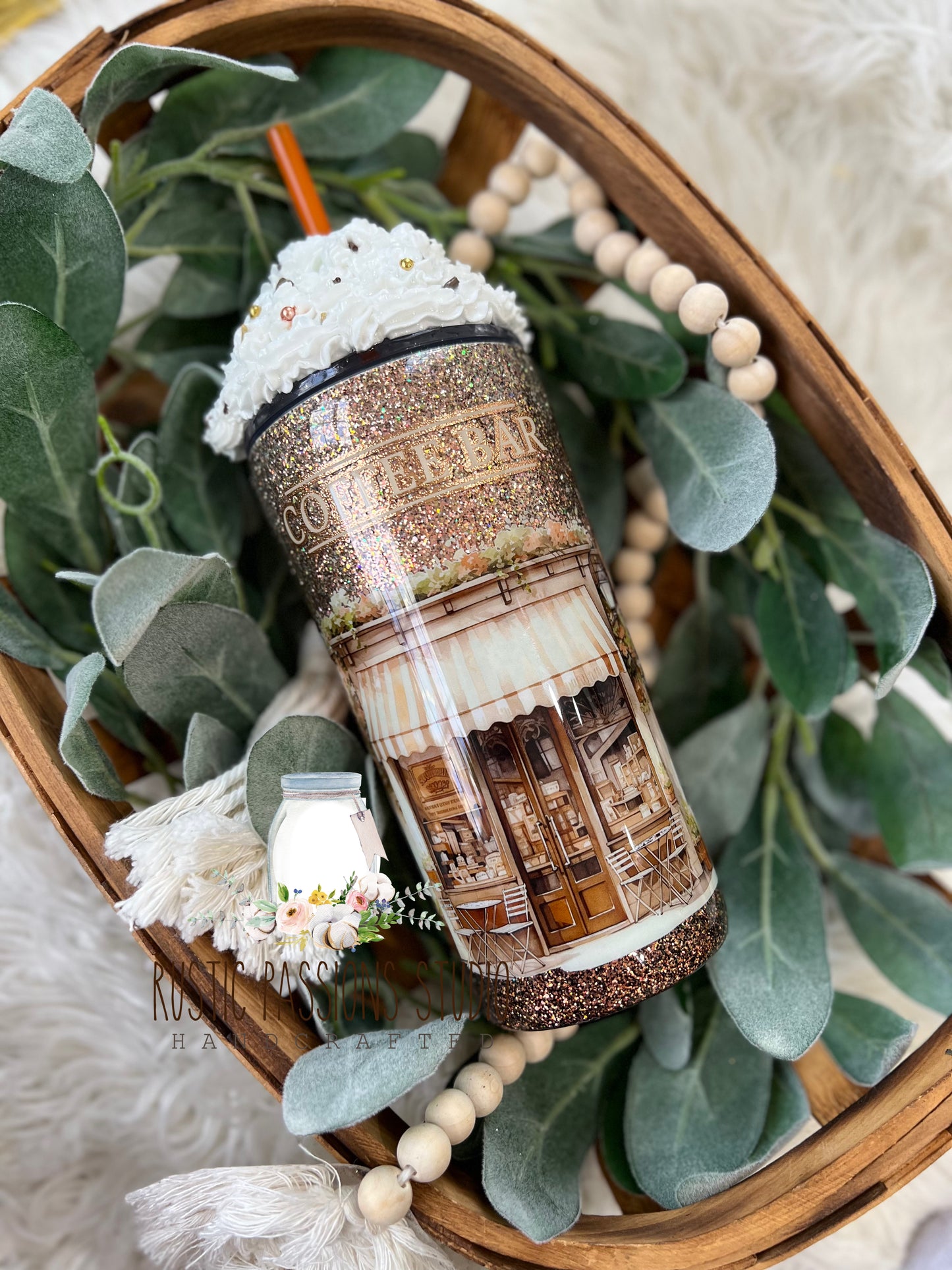 Coffee bar, pastry tumbler with faux whipped topping topper