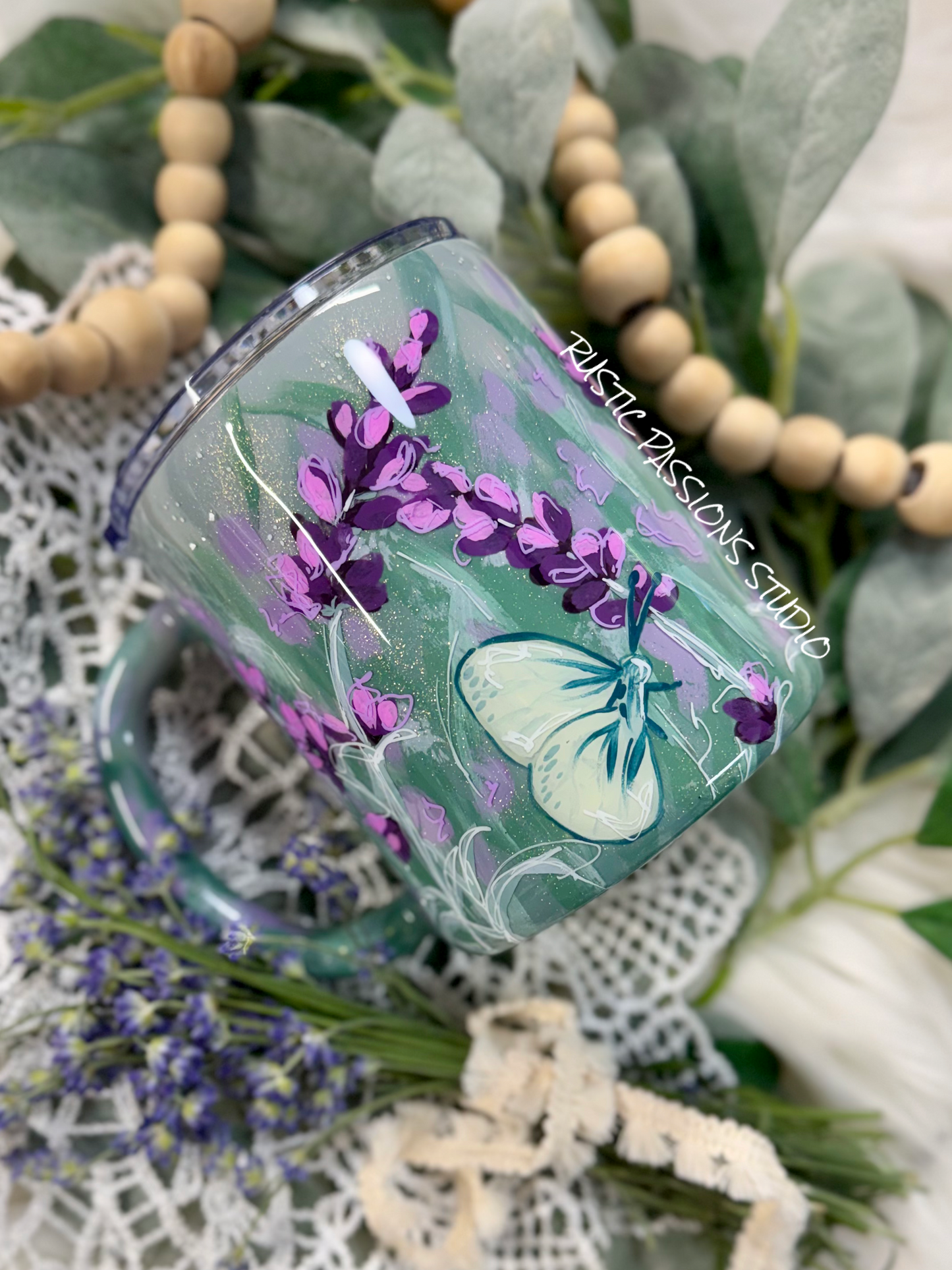 12oz Lavender and Butterfly, hand painted mug (with outlines)