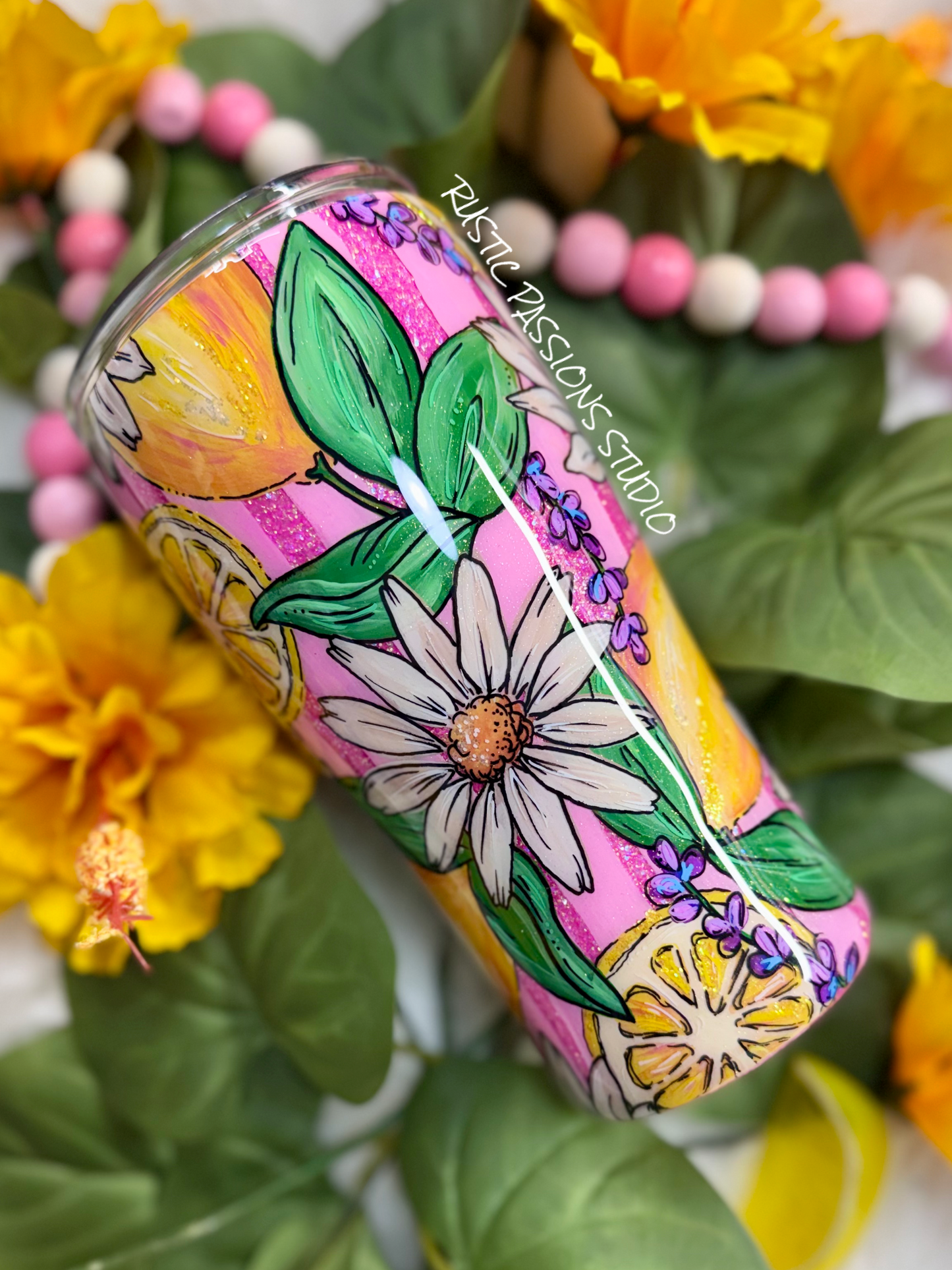20 oz curve Lemon Daisy Hand Painted Tumbler #1