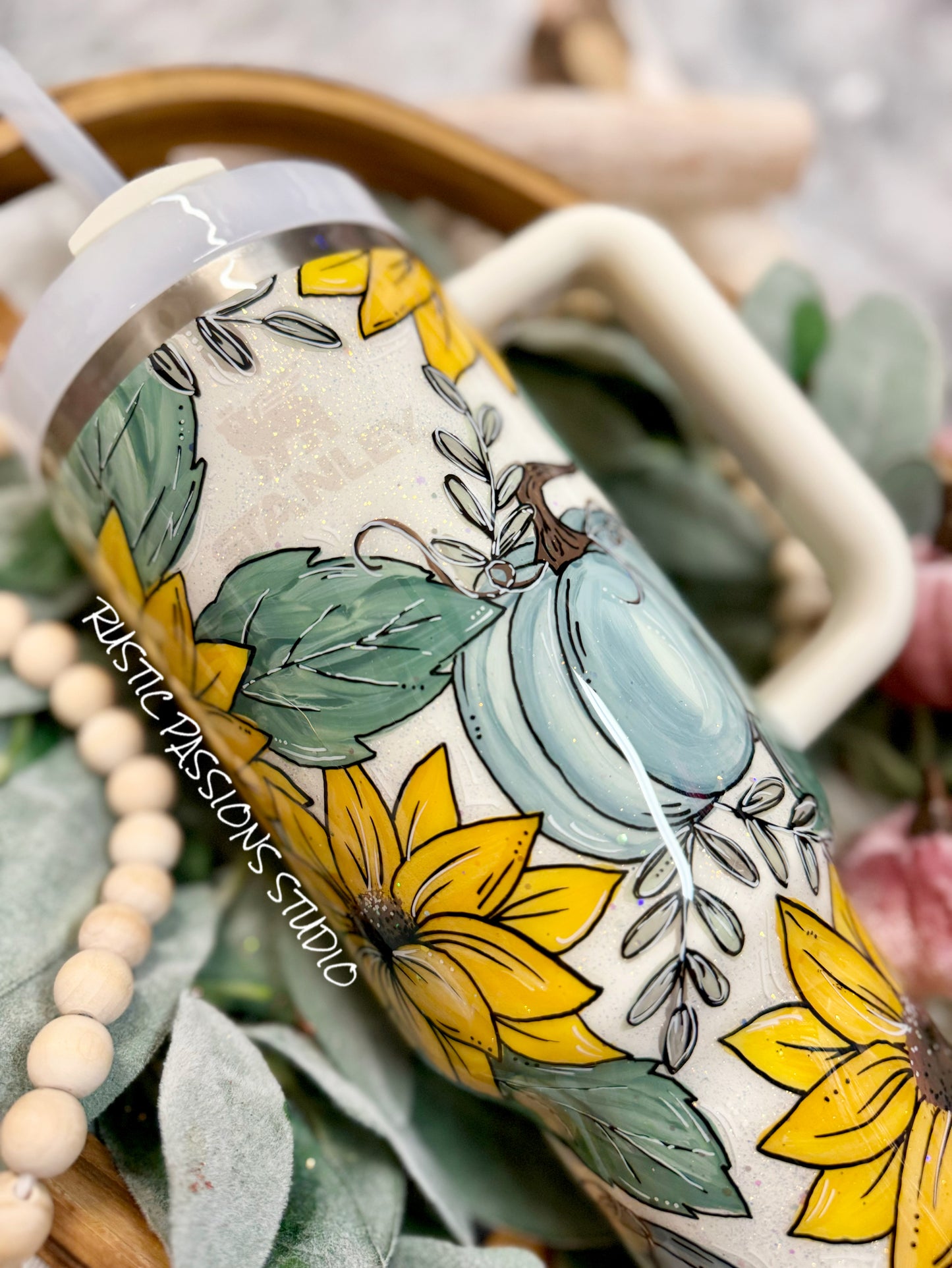 Hand painted 40 oz Fall pumpkins and sunflowers Stanley tumbler