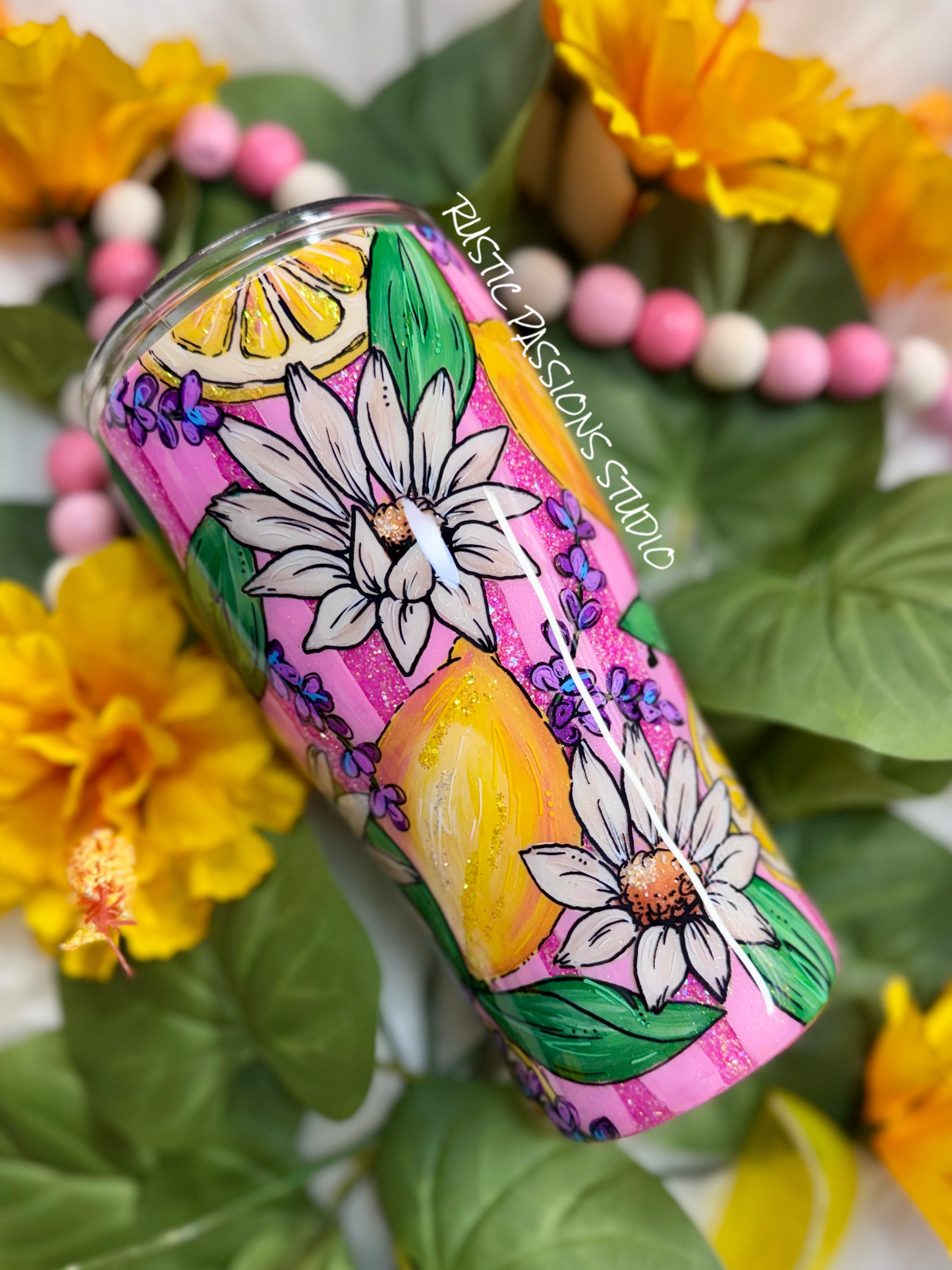 20 oz curve Lemon Daisy Hand Painted Tumbler #1