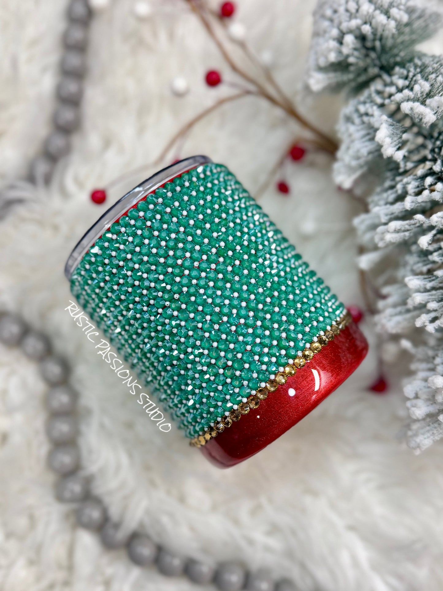 Green Smoke and Red rhinestone  holiday tumbler 12 oz