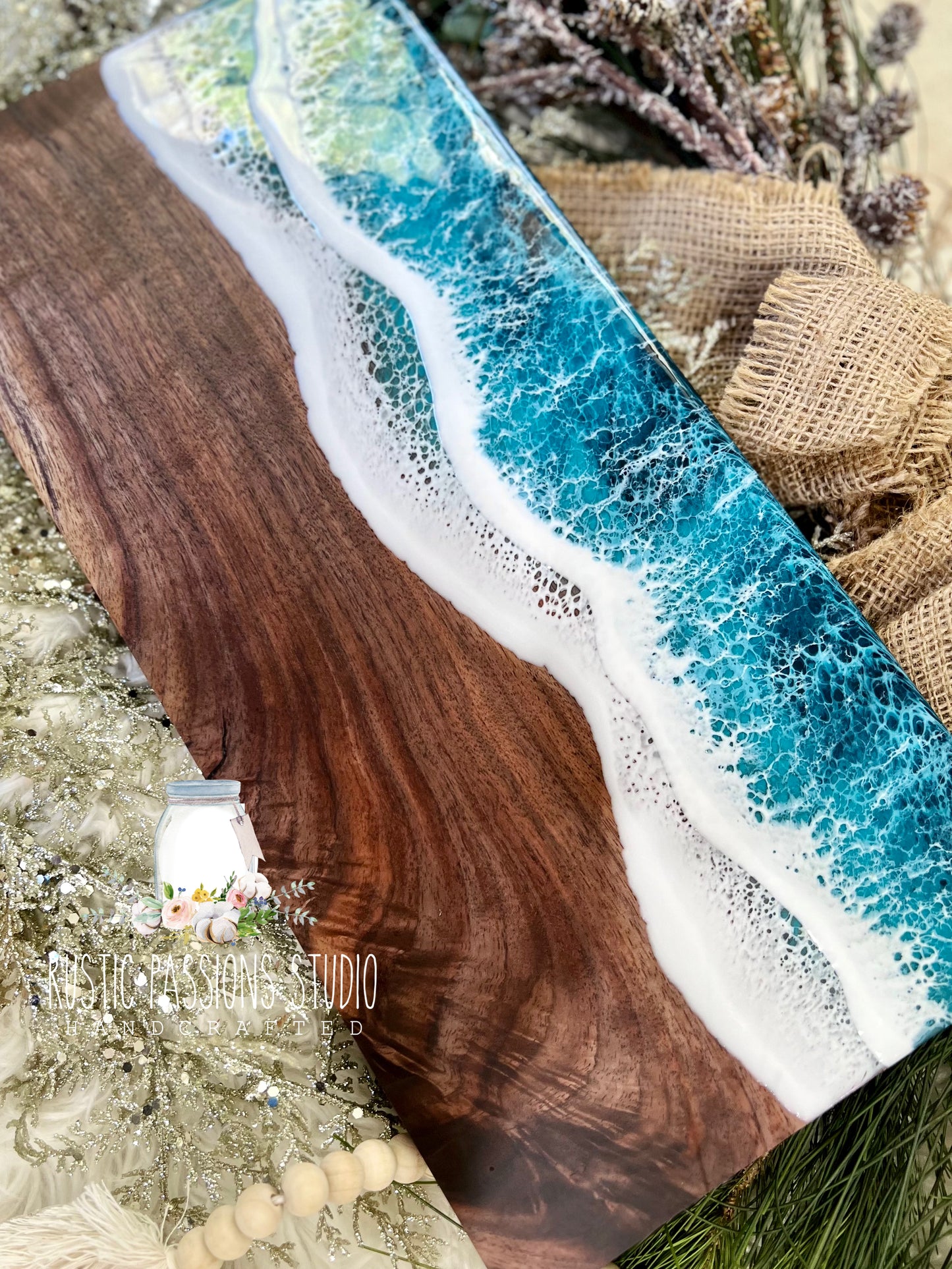 Large Resin Ocean Charcuterie Board Black Walnut