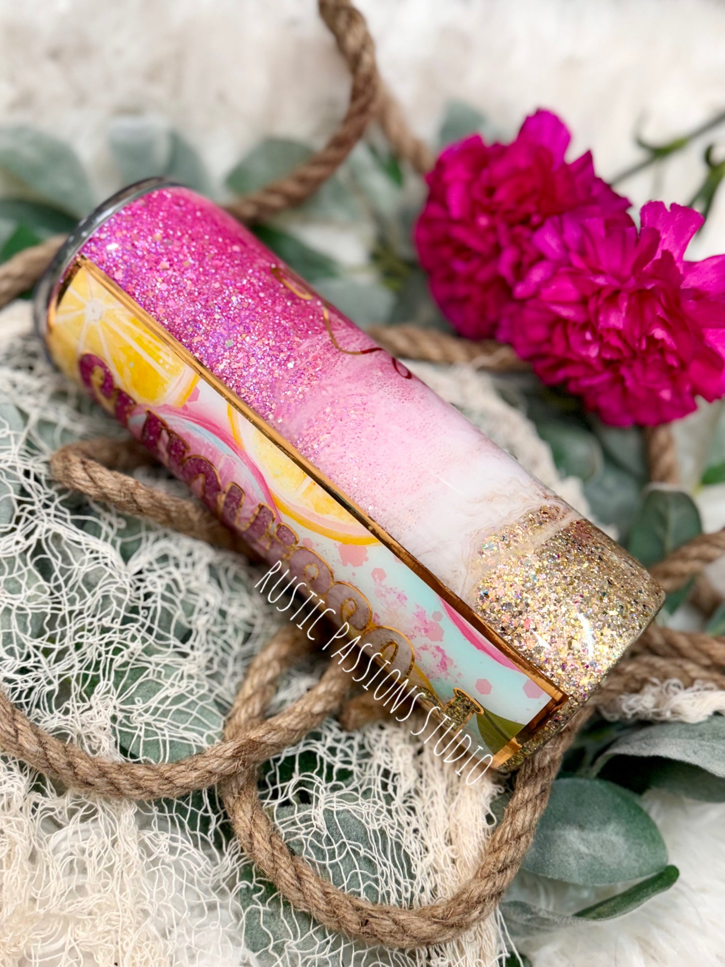 24 oz Plump pink glitter beach tumbler, Sunkissed