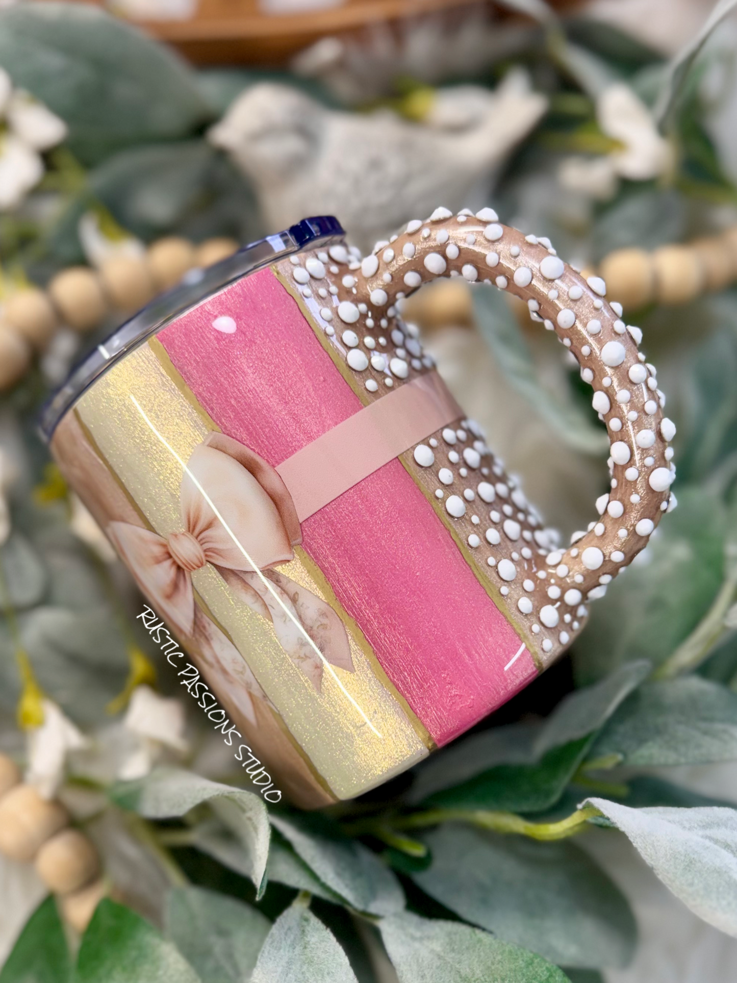 12oz striped tumbler with bow and rhinestone handle