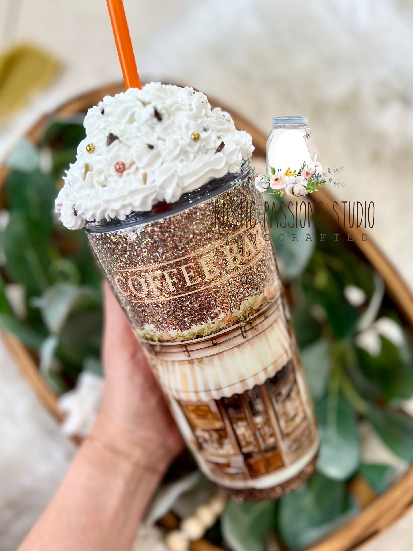Coffee bar, pastry tumbler with faux whipped topping topper
