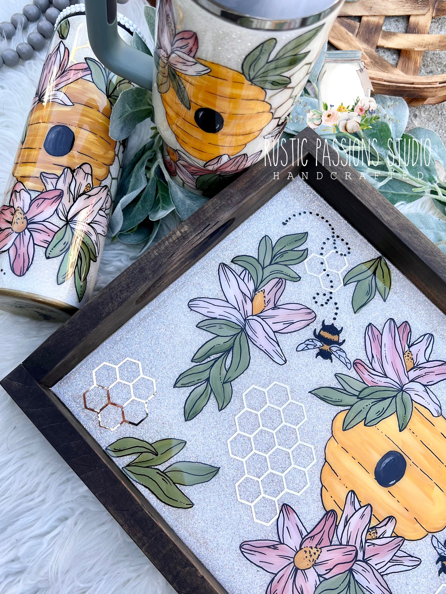 Large handles tray with hand painted florals and bees