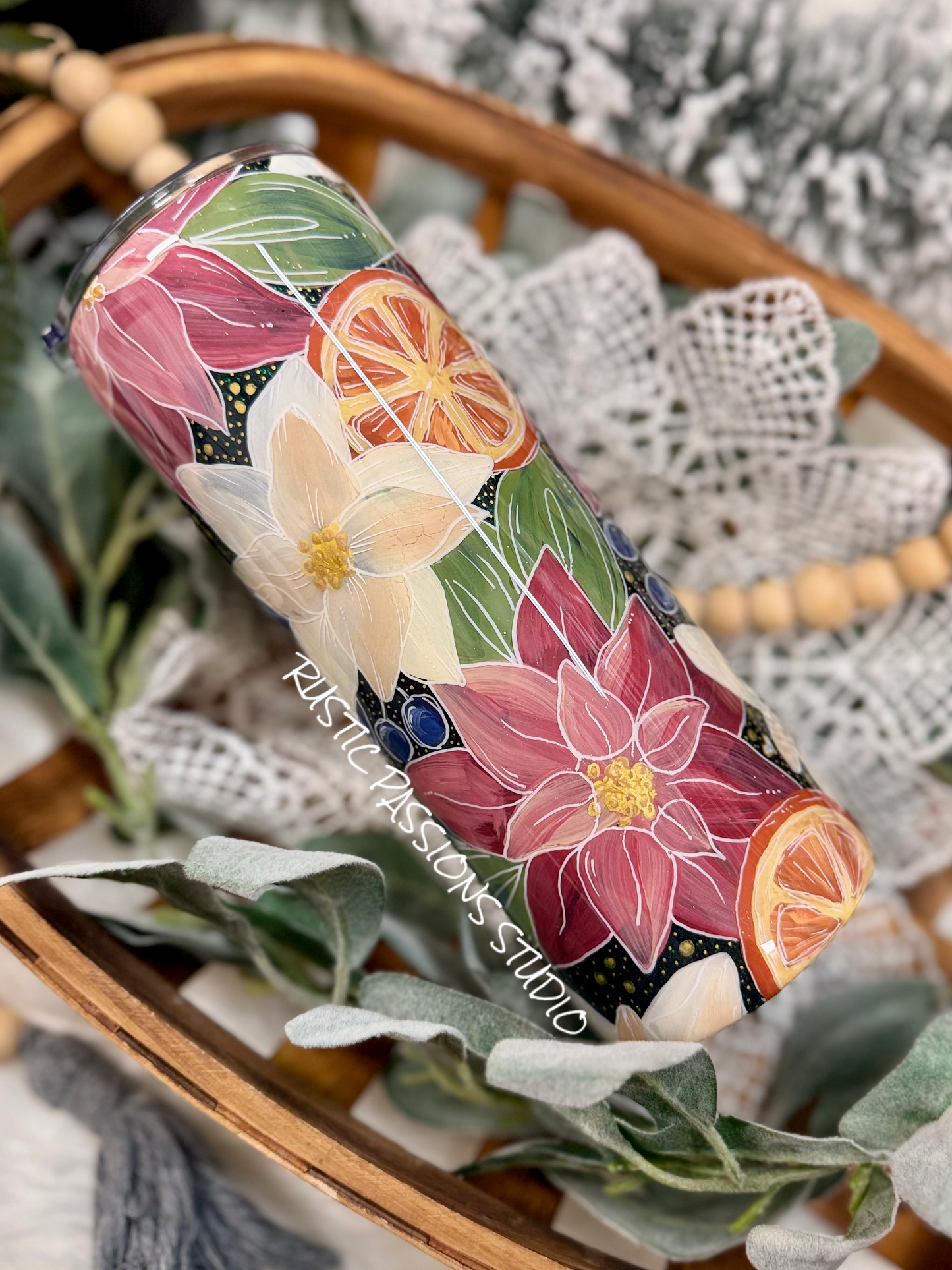 Hand painted 24oz Holiday Ornament, florals and dried oranges