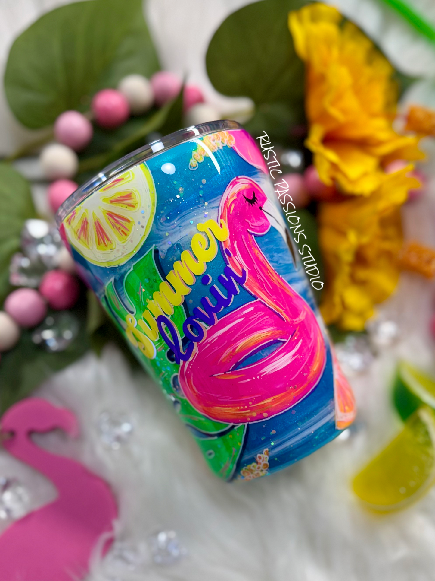 Hand painted Tropical Summer, Flamingo, Beach 12 oz coffee mug