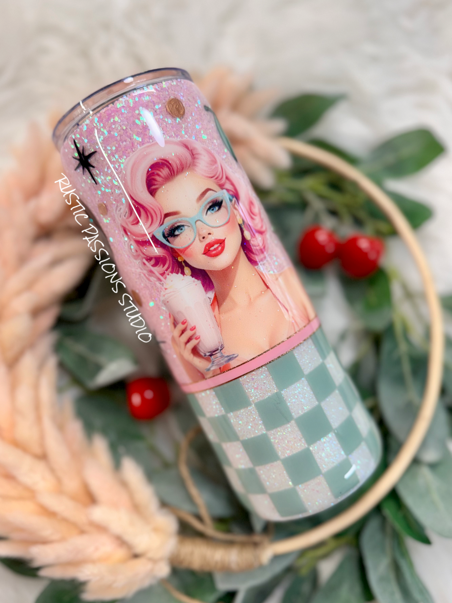 24oz skinny 50s themed milkshake, Hand Painted Tumbler