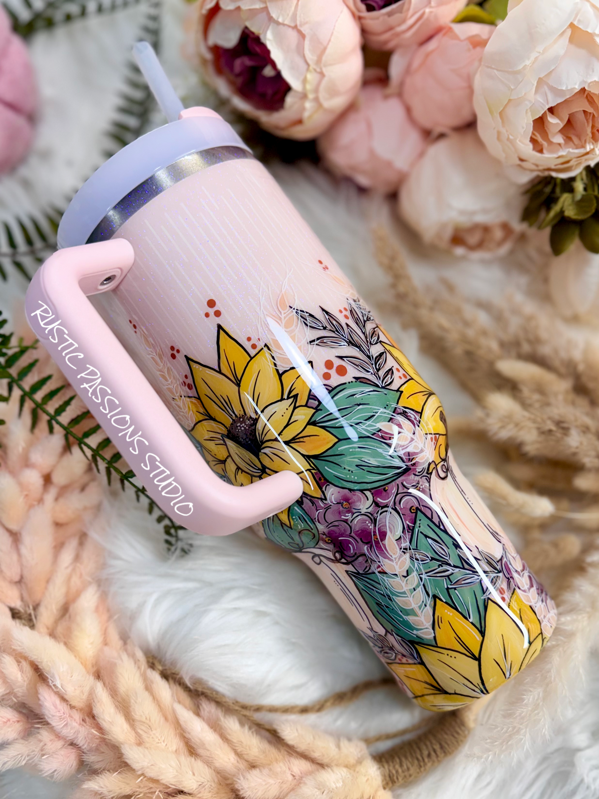 Hand painted 40 oz Fall Sunflower and Hydrangea Stanley tumbler