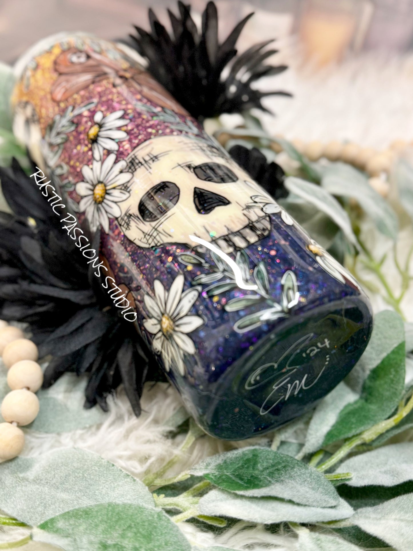 Skull and Moth hand painted 20 oz tumbler