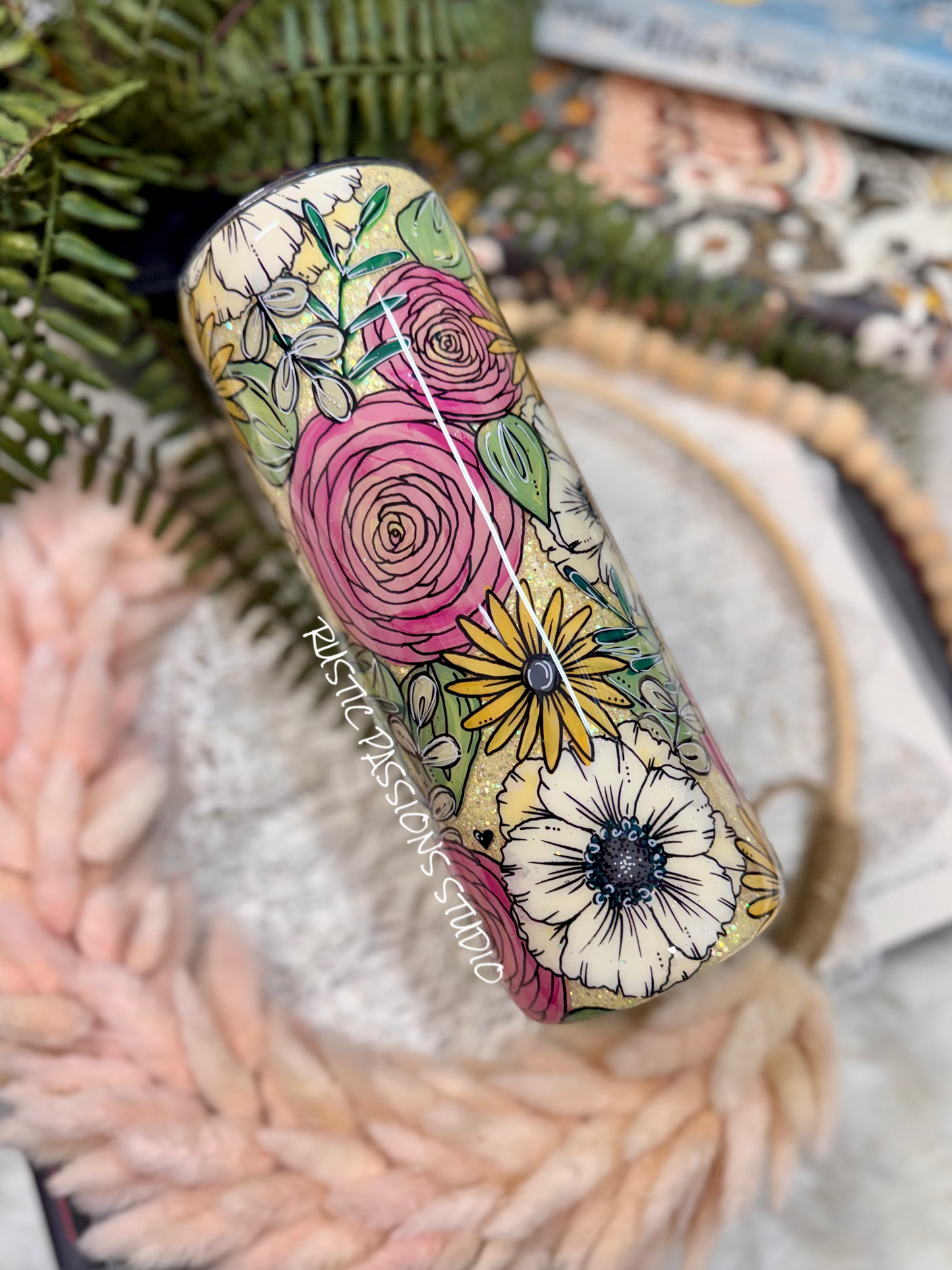 20 oz skinny Anemone and Buttercup Hand Painted