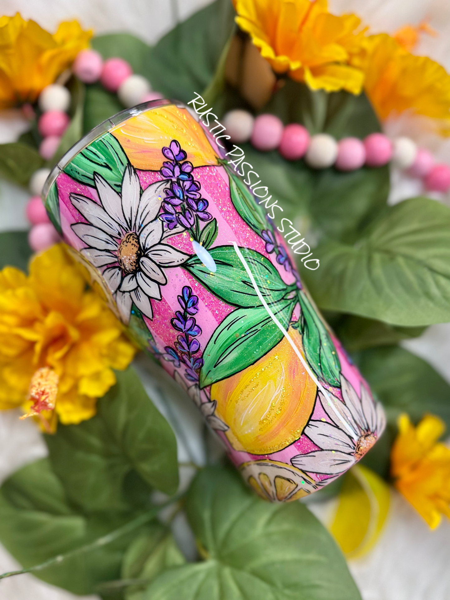 20 oz curve Lemon Daisy Hand Painted Tumbler #2