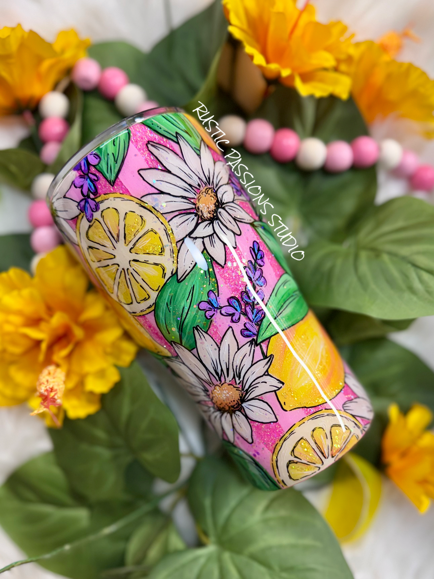 20 oz curve Lemon Daisy Hand Painted Tumbler #2