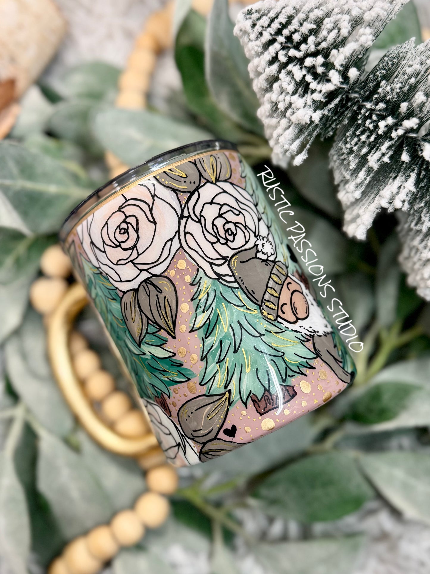 Hand painted Rose, Christmas Trees and Gnomes 12 oz coffee mug