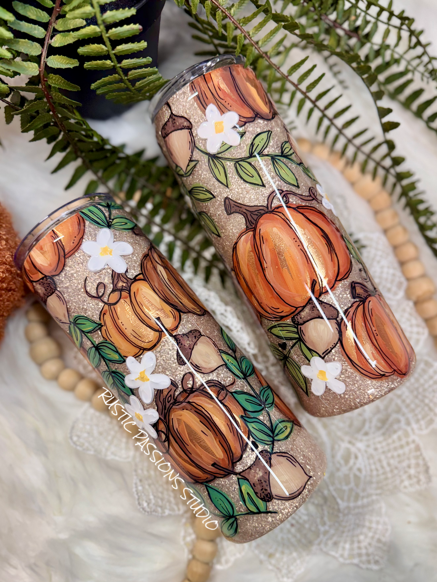 (Left) 24 oz Plump Fall Pumpkin and Acorns 3D Flowers