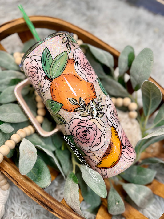 24 oz curve Hand painted floral peach and rhinestones handled tumbler