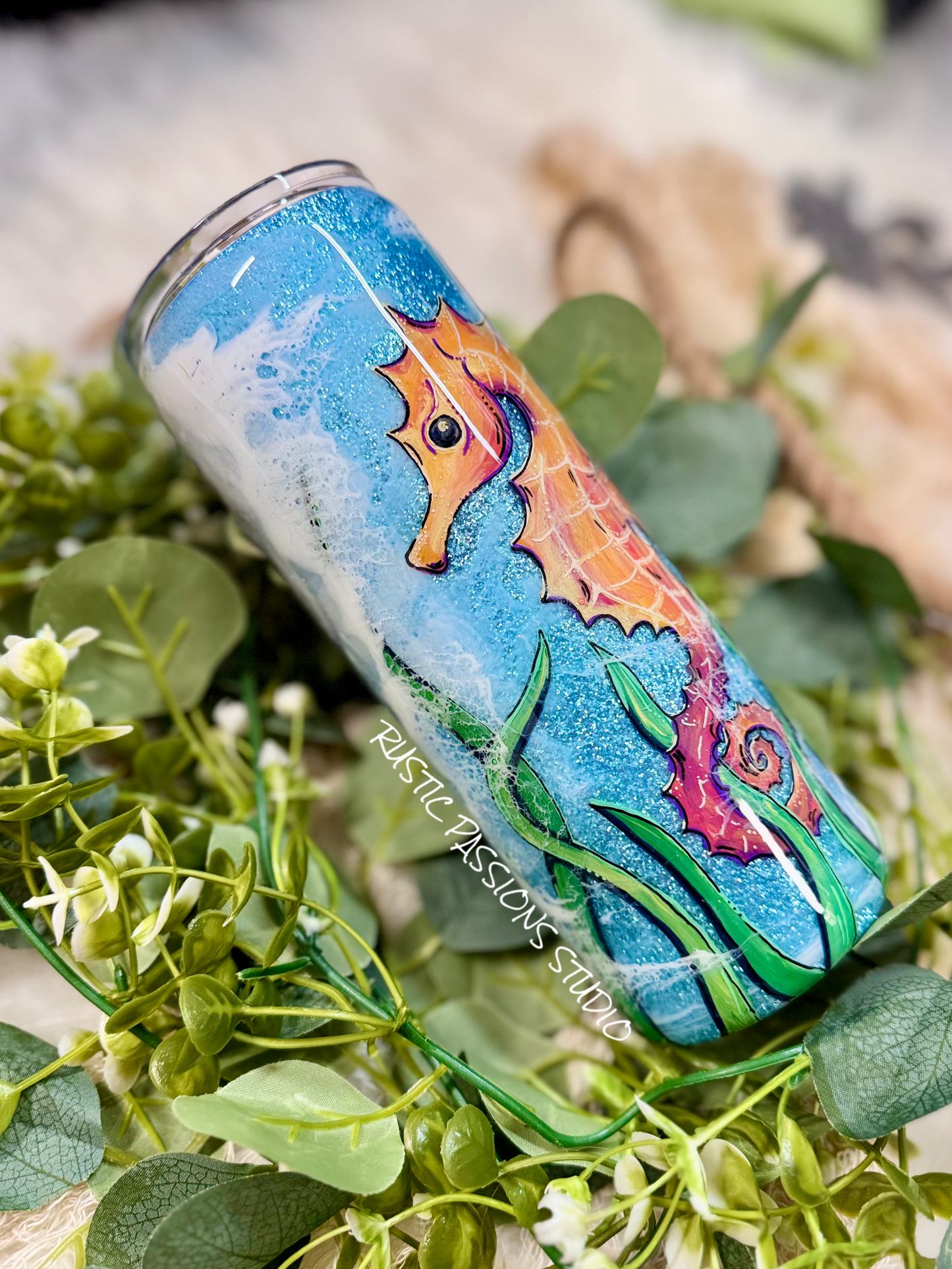 24 oz Plump Hand Painted Seahorse Beach Tumbler