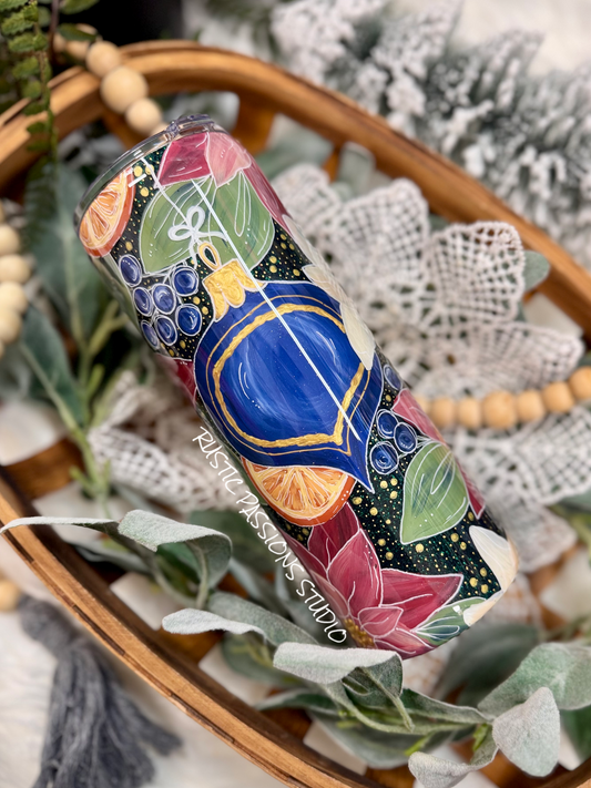 Hand painted 24oz Holiday Ornament, florals and dried oranges