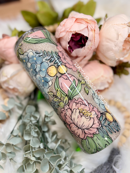 Peony and Hydrangea Hand Painted 20oz skinny