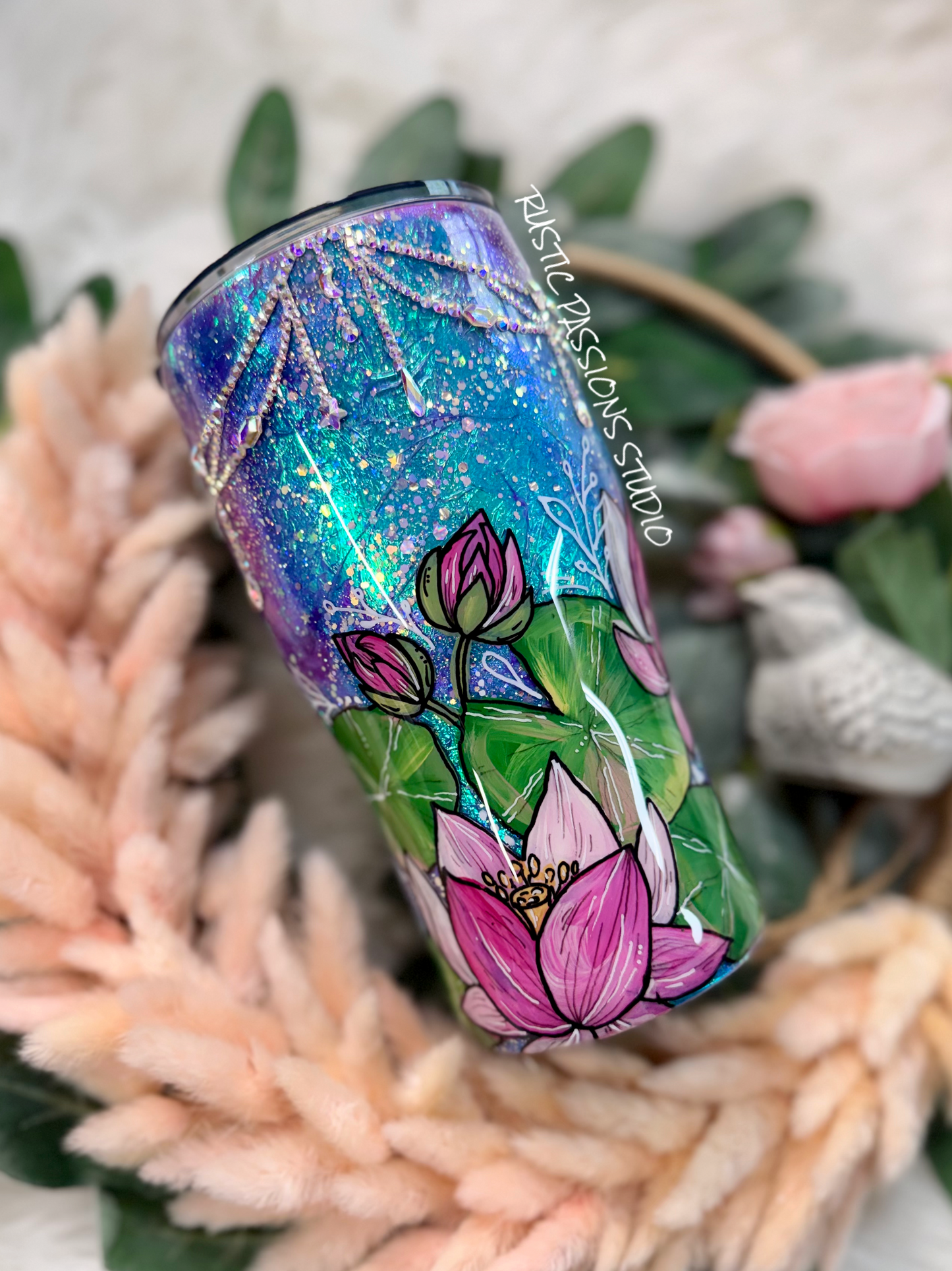 Hand Painted 20 oz curve Fairy, Lotus Celestial Tumbler with Rhinestones