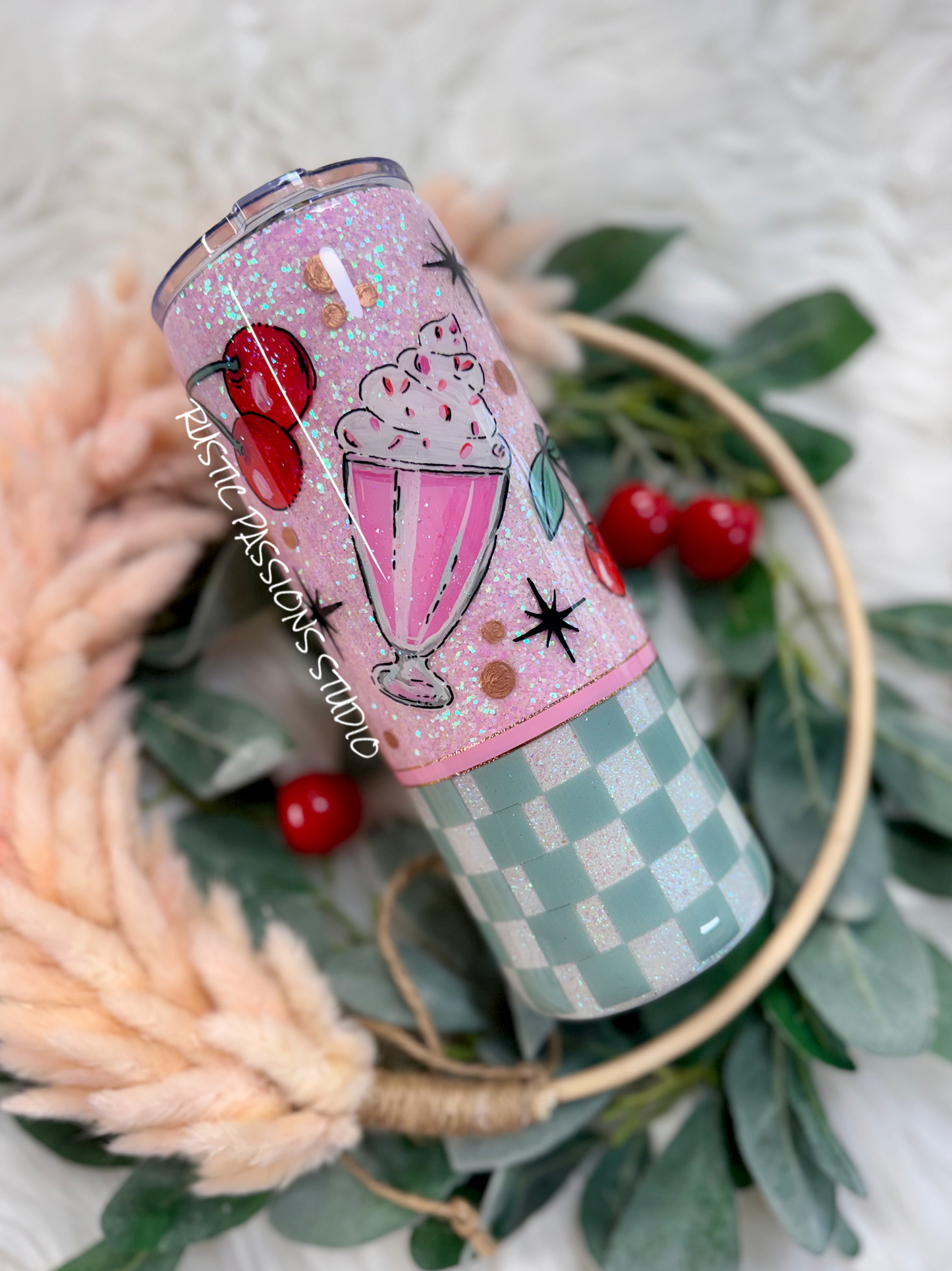 24oz skinny 50s themed milkshake, Hand Painted Tumbler