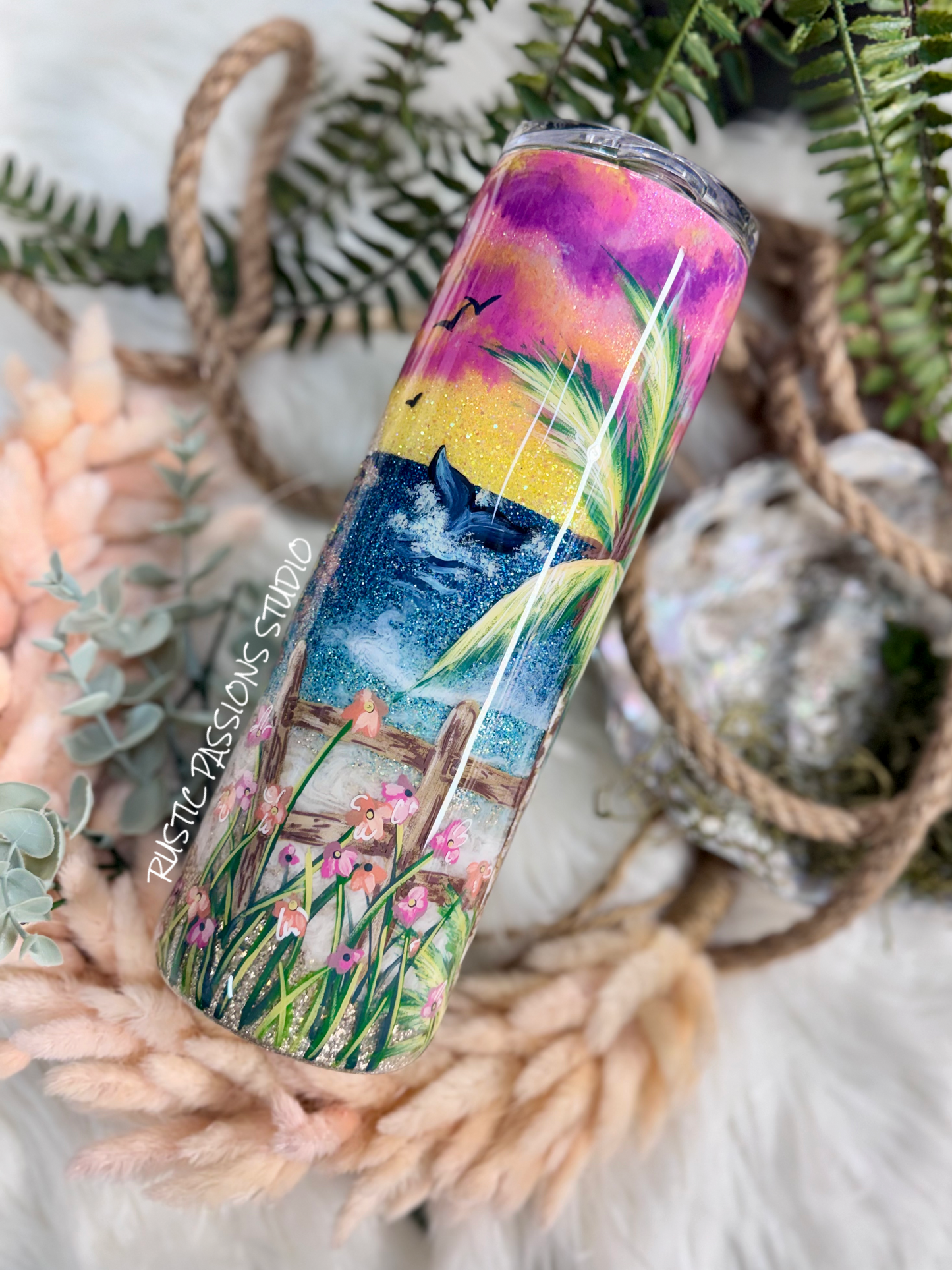 30 oz skinny  Hand Painted Beach, Sunset Tumbler