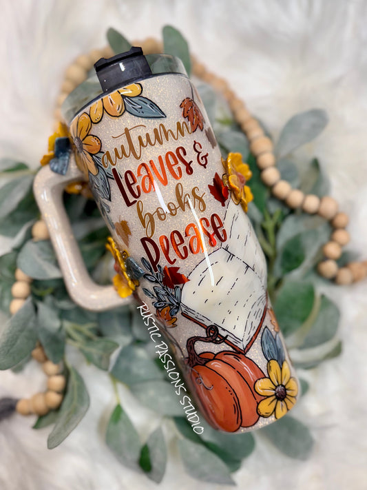 40 oz Hand Painted Fall Florals and Books