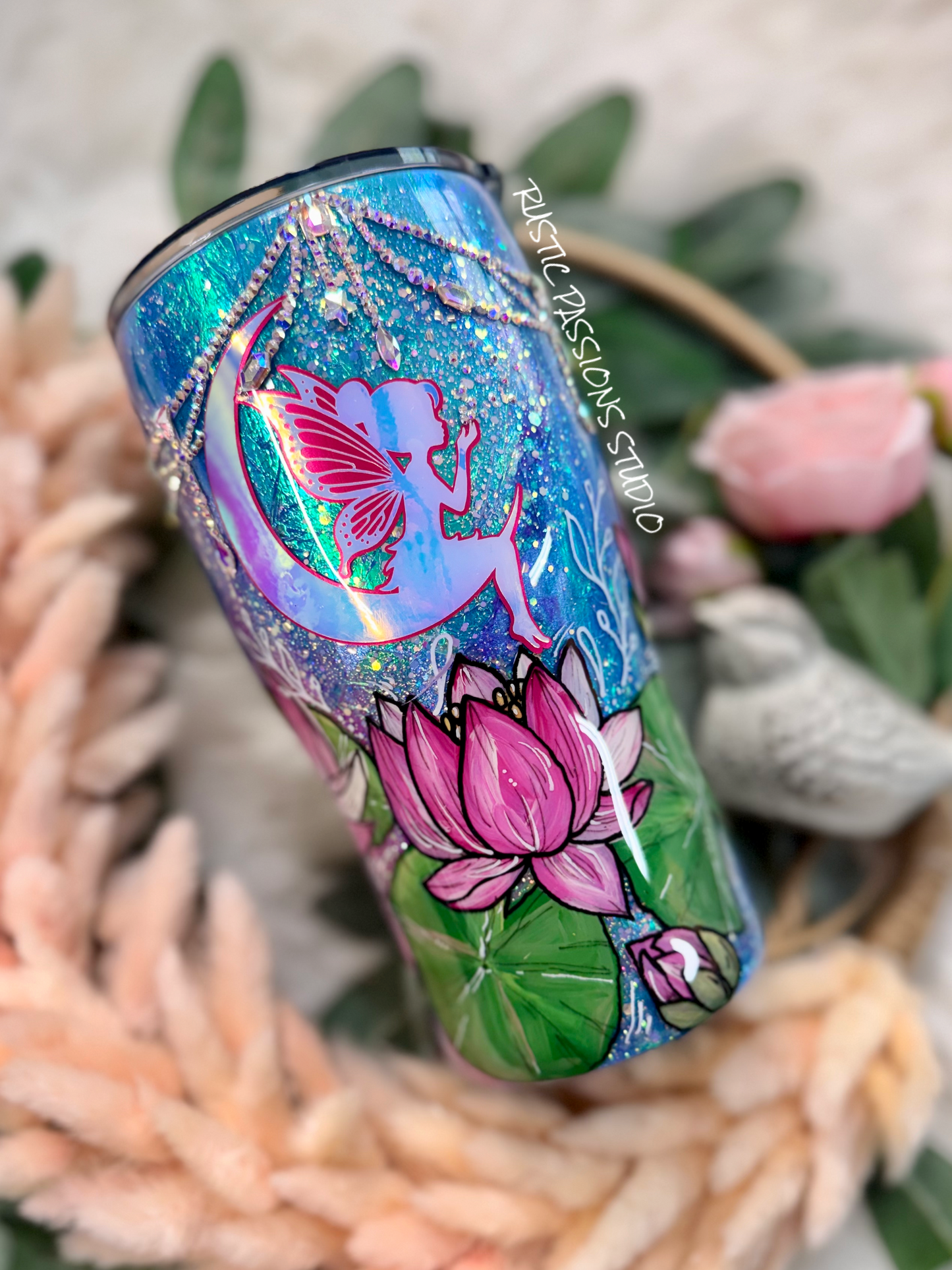 Hand Painted 20 oz curve Fairy, Lotus Celestial Tumbler with Rhinestones