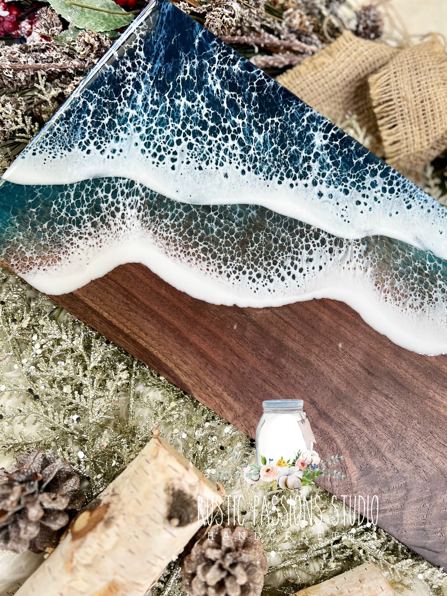 Large Resin Ocean Charcuterie Board Black Walnut