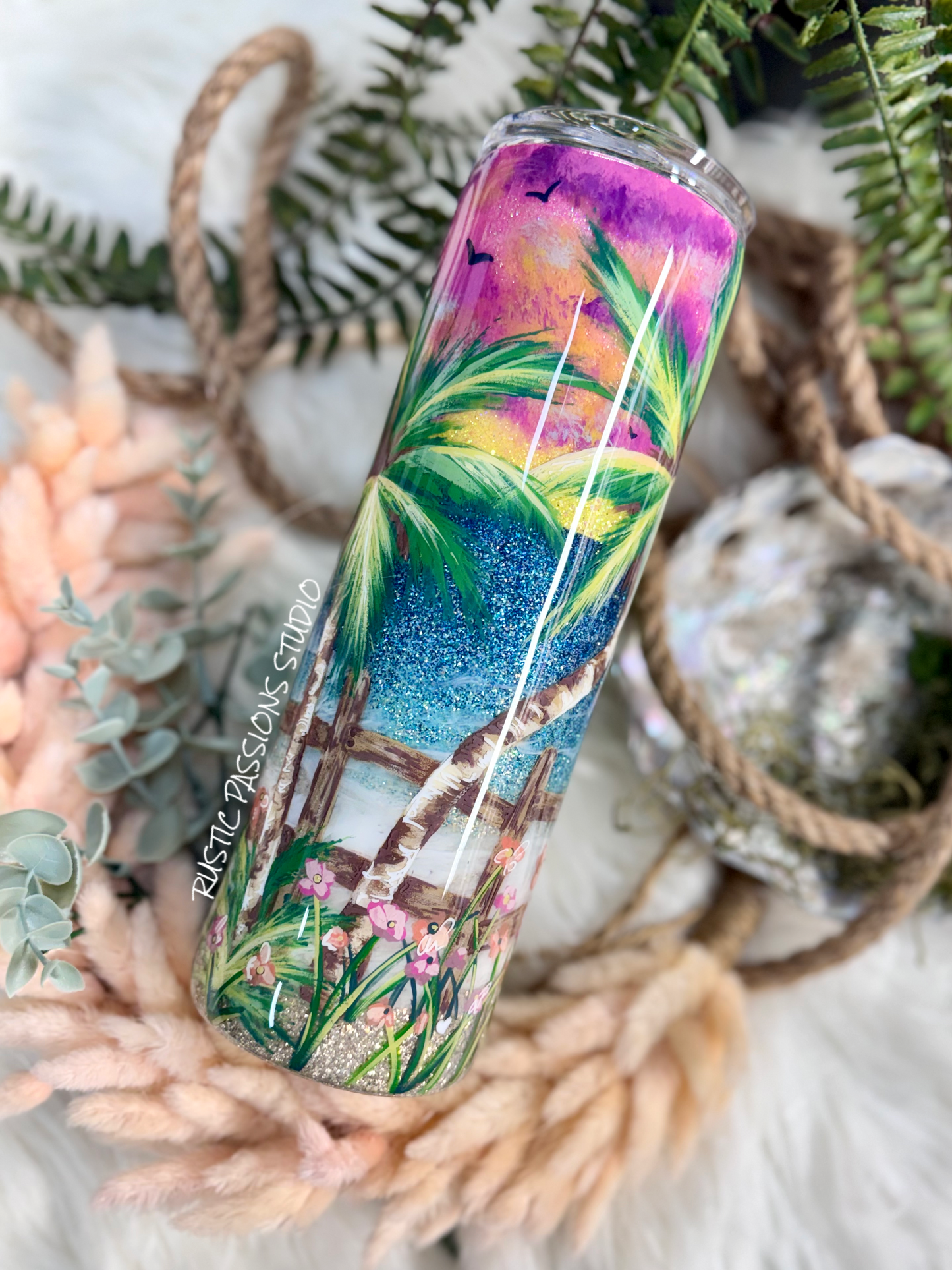 30 oz skinny  Hand Painted Beach, Sunset Tumbler