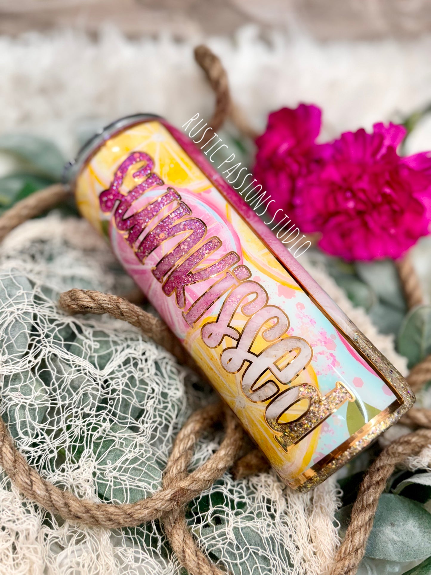 24 oz Plump pink glitter beach tumbler, Sunkissed