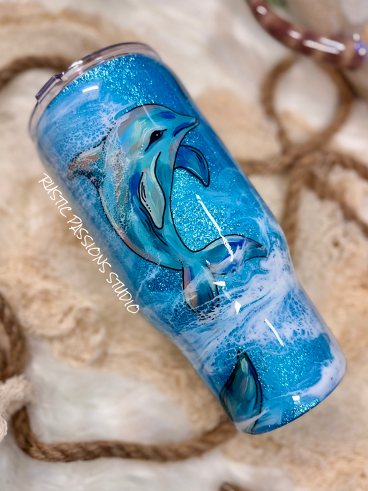 32 oz curve, Hand Painted Dolphin Beach Tumbler