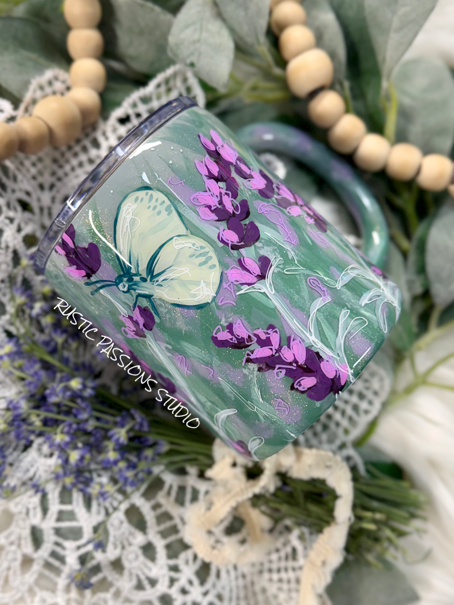 12oz Lavender and Butterfly, hand painted mug (with outlines)