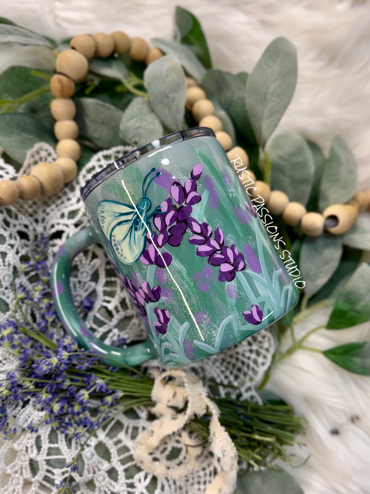 12oz Lavender and Butterfly, hand painted mug (without outlines)
