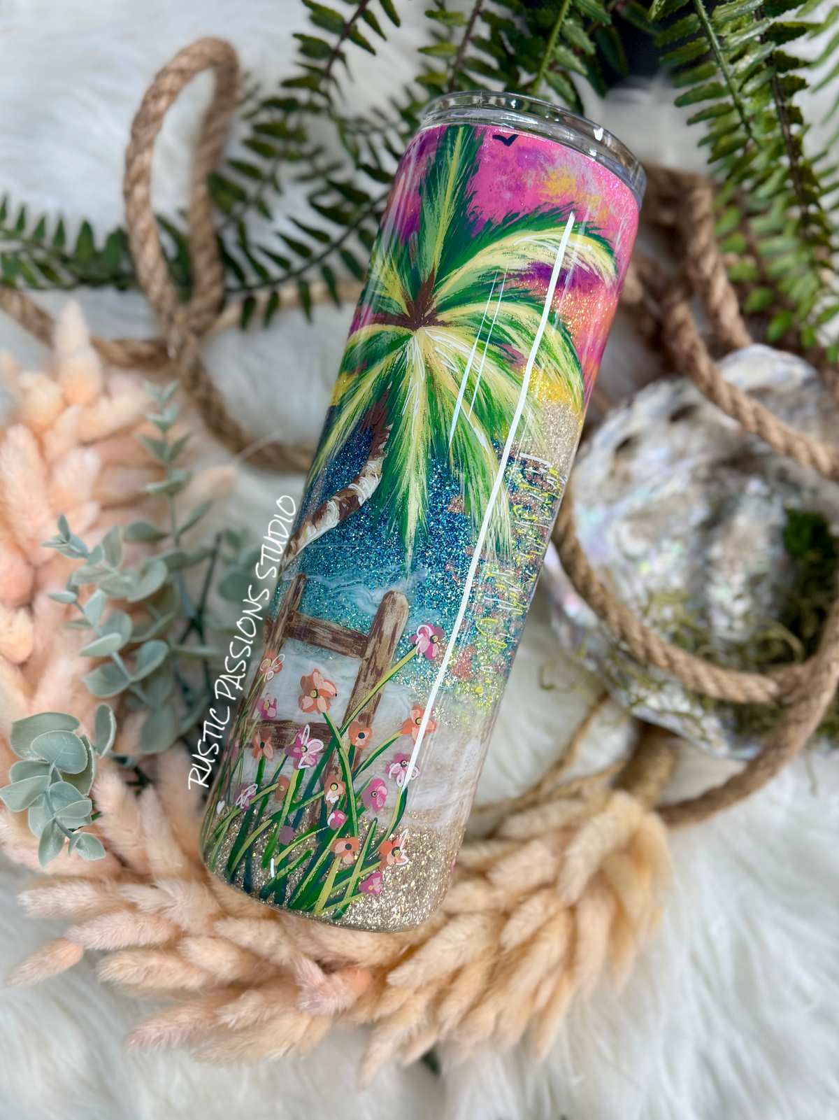 30 oz skinny  Hand Painted Beach, Sunset Tumbler