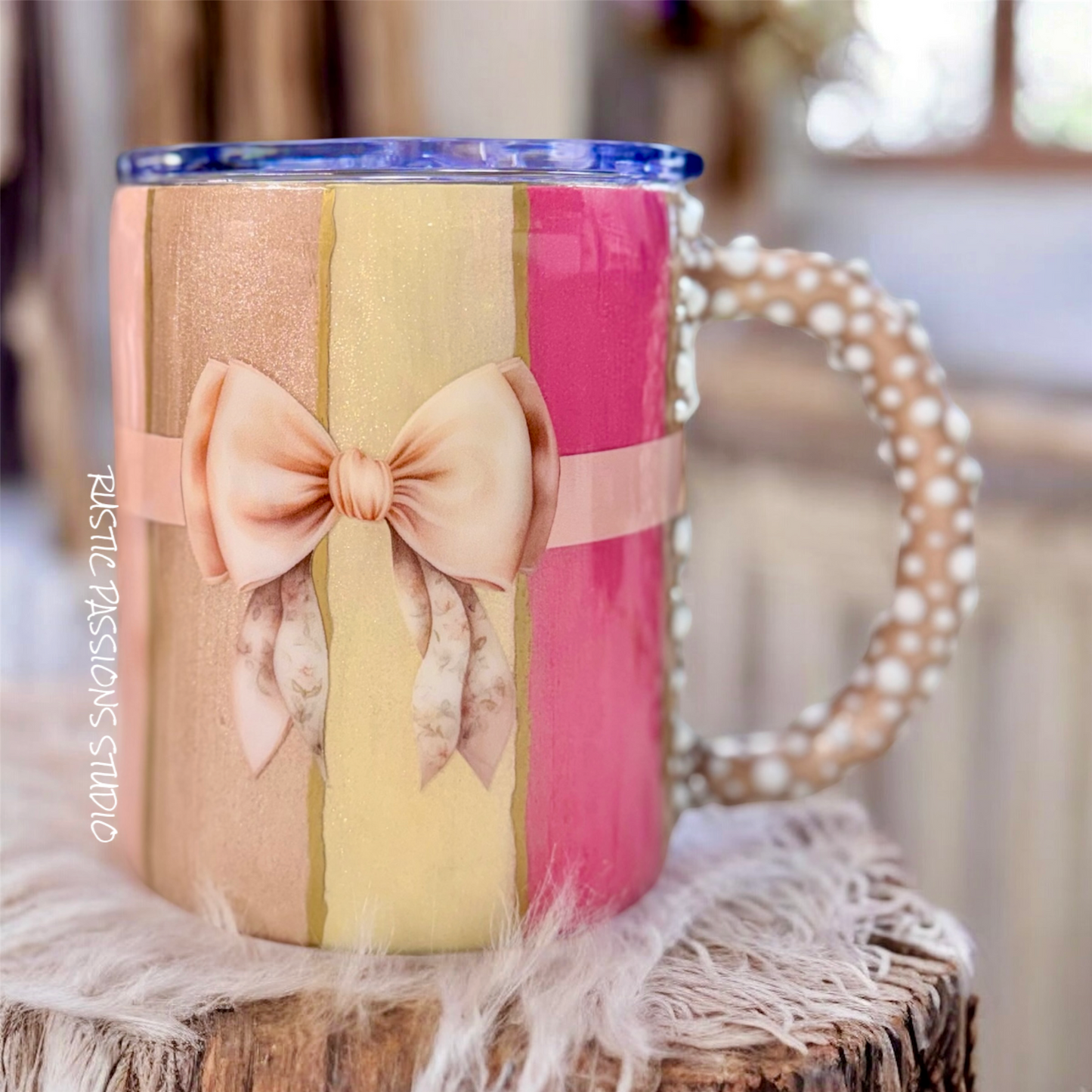 12oz striped tumbler with bow and rhinestone handle
