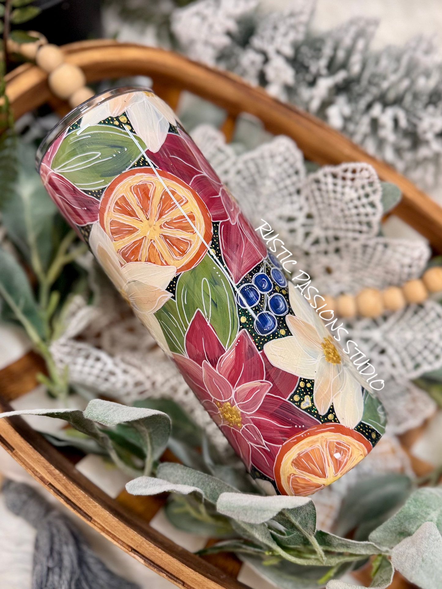 Hand painted 24oz Holiday Ornament, florals and dried oranges