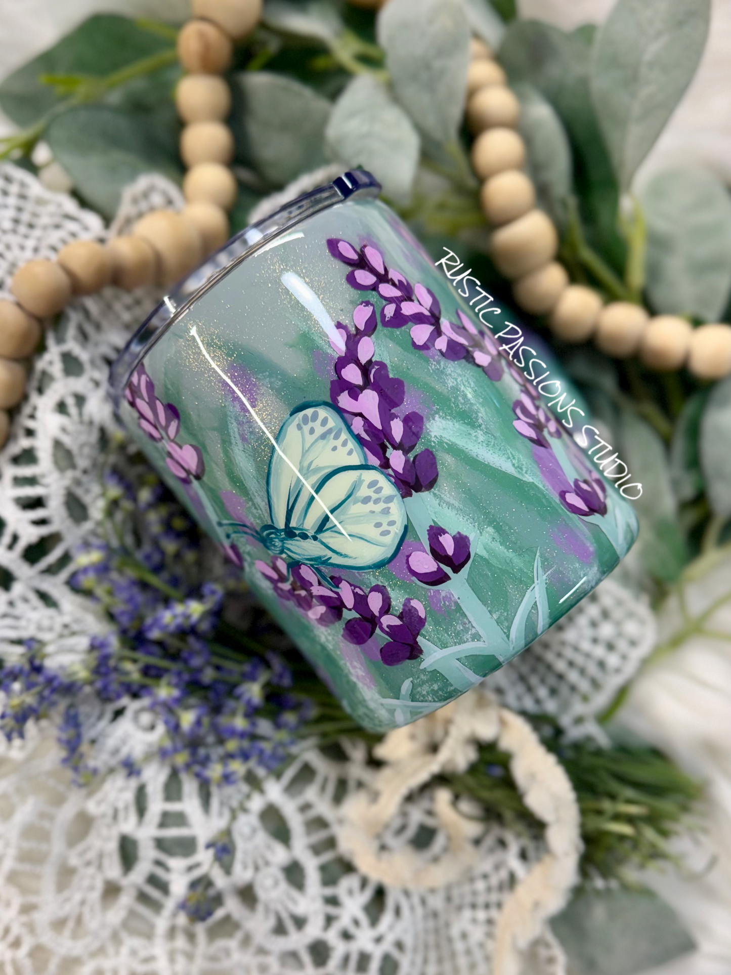 12oz Lavender and Butterfly, hand painted mug (without outlines)