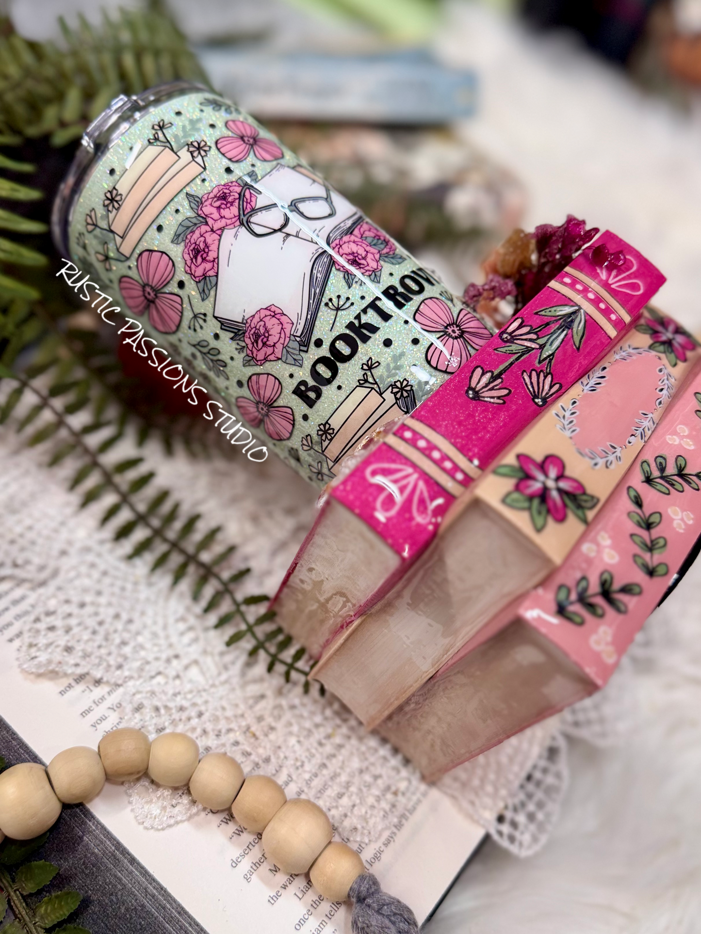 24 oz - 3D Floral Book Tumbler with Hand Painted Books