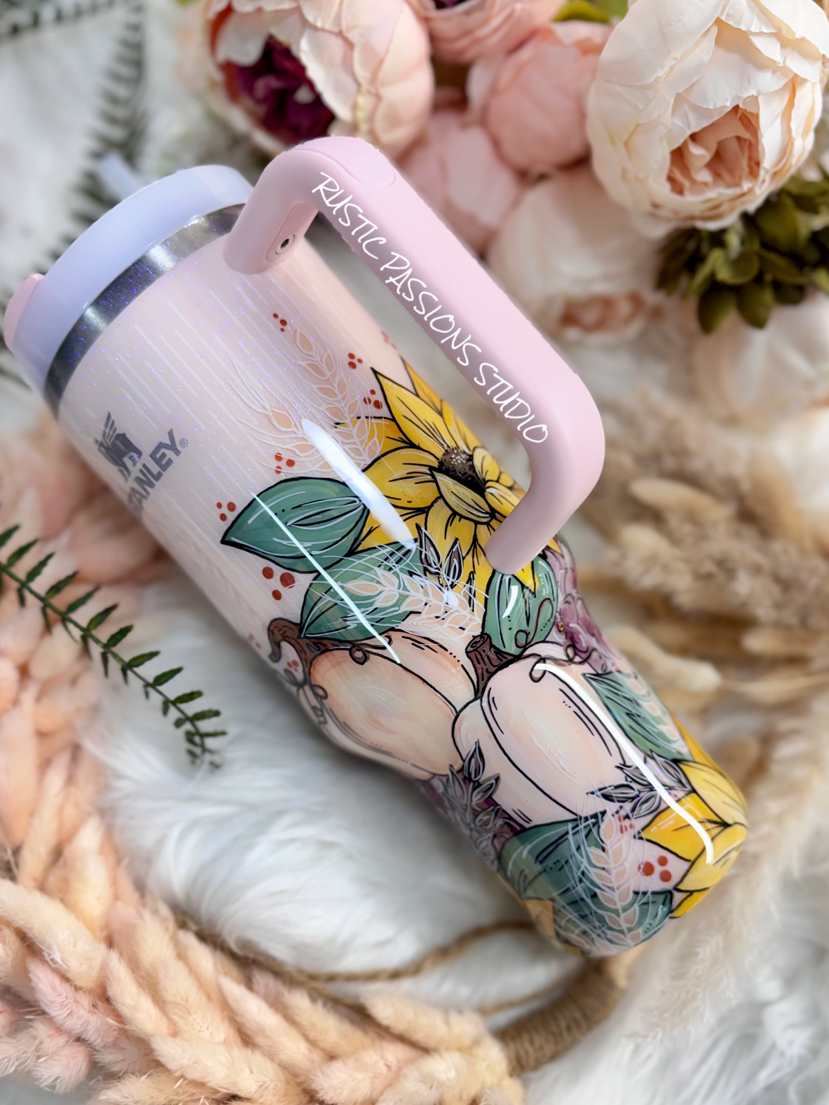 Hand painted 40 oz Fall Sunflower and Hydrangea Stanley tumbler