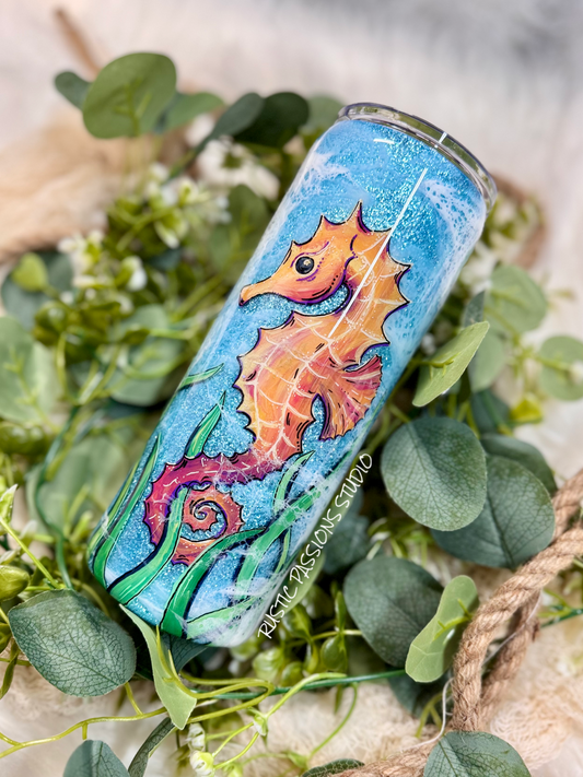 24 oz Plump Hand Painted Seahorse Beach Tumbler